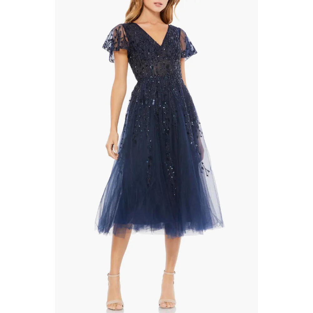 Mac Duggal Navy Sequin Midi Dress